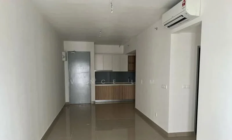 Living features: white painted walls, polished tile flooring, wall-mounted split AC, recessed ceiling lights, open layout to kitchen, kitchen cabinetry with wood finish, grey backsplash, door leading to hallway; style: modern.