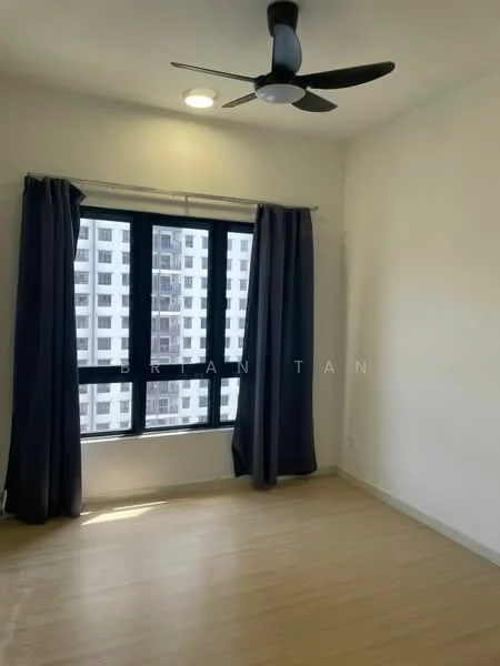 Room features: light wood flooring, white painted walls, blackout curtains, floor-to-ceiling windows, 5-blade ceiling fan with light, natural light from window; style: modern; view: city.