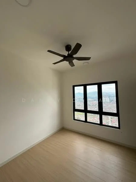 Bedroom features: light wood flooring, white painted walls, 5-blade ceiling fan, floor-to-ceiling windows, black window frames, city view; style: modern; view: city.