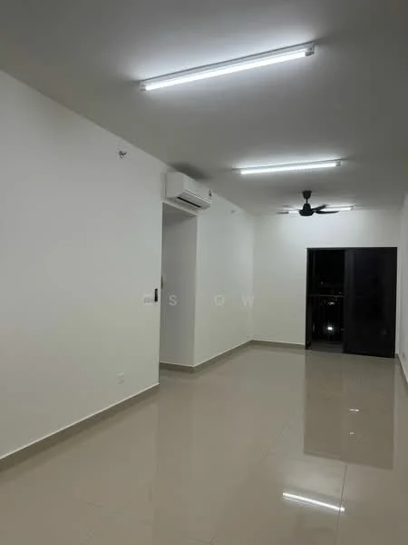 Room features: white painted walls, polished ceramic tile flooring, recessed LED downlights, ceiling fan, wall-mounted split AC, floor-to-ceiling sliding glass door, balcony access, neutral color scheme; style: modern; view: city.
