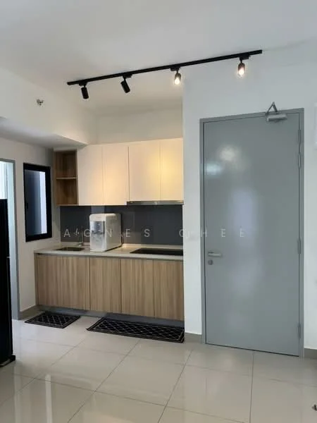 Kitchen features: white upper cabinets, wood lower cabinets, black countertop, stainless-steel sink, chrome pull-down faucet, built-in microwave, recessed LED downlights, tile flooring, black rubber mat, open shelving, window with black frame; style: modern.