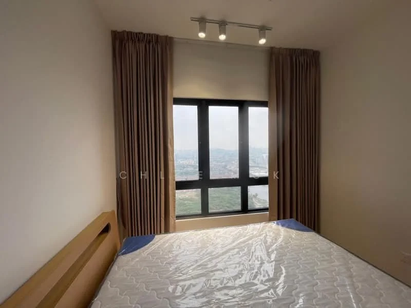 Bedroom features: queen-size bed, floor-to-ceiling windows, curtains in beige, recessed downlights, wooden bed frame, city view, light-colored walls, carpet flooring; style: modern; view: city.