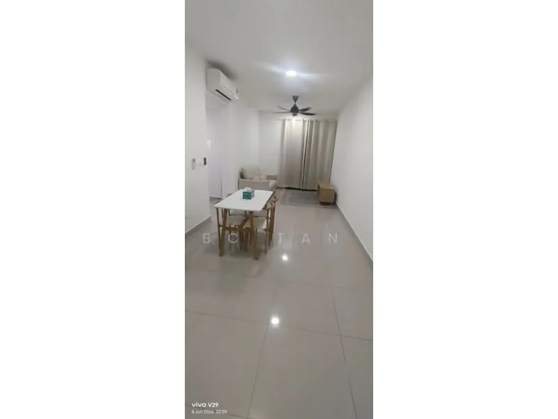 Living features: white painted walls, glossy ceramic tile flooring, 5-blade ceiling fan with light, wall-mounted split AC, dining table with four chairs, sofa, curtains, light source from ceiling, neutral color palette; style: modern.