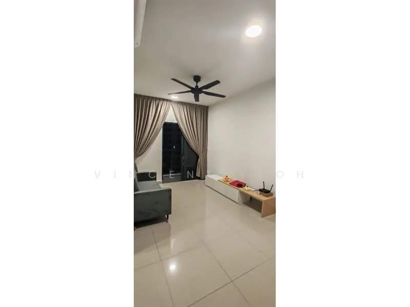 Living features: white painted walls, glossy tile flooring, 5-blade ceiling fan with light, floor-to-ceiling windows, sheer curtains, sofa in grey, TV console, decorative wall shelf; style: modern; view: city.