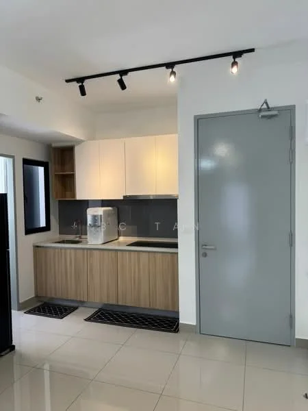 Kitchen features: white upper cabinets, wood lower cabinets, black countertop, stainless-steel sink, chrome pull-down faucet, built-in stove, refrigerator, tile backsplash, track lighting, grey door, window with black frame, white walls, glossy tile flooring; style: modern.