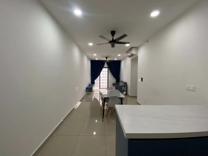 Living features: white painted walls, glossy ceramic tile flooring, 5-blade ceiling fan with light, floor-to-ceiling windows with blue curtains, dining table with chairs, air conditioning unit, recessed downlights; style: modern; view: city. Kitchen features: white countertop, kitchen island, open layout to living area; style: modern.