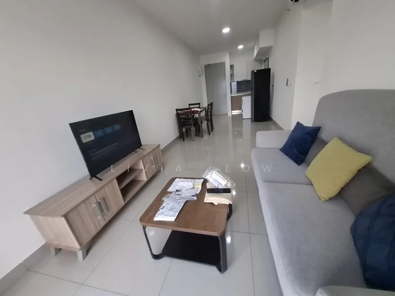 Living features: grey fabric sofa, yellow accent pillow, wooden coffee table, TV console, wall-mounted TV, ceramic tile flooring, white painted walls, recessed ceiling lights, dining table with chairs, open layout to kitchen; style: modern.