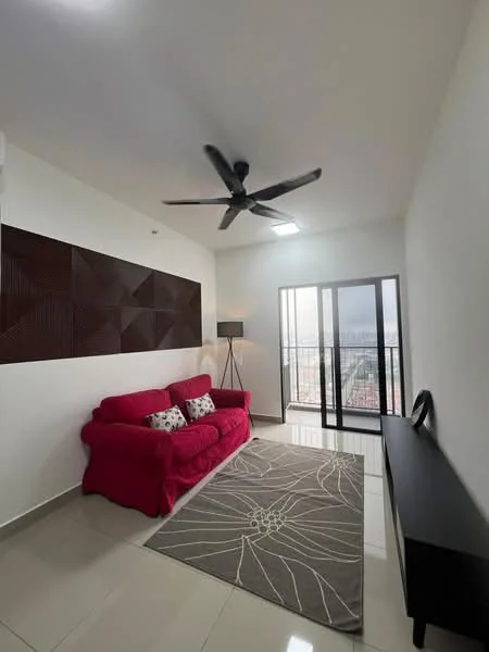 Living features: 3-seater fabric sofa in red, decorative cushions, area rug with geometric pattern, ceiling fan, recessed LED downlights, floor-to-ceiling windows, sliding glass door, black console table, white painted walls, glossy tile flooring, wood panel accent wall; style: modern; view: city.