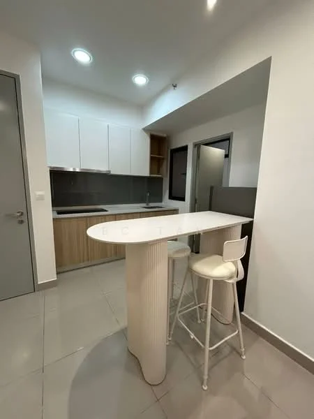 Kitchen features: white cabinetry, wooden lower cabinets, grey backsplash, single-bowl stainless-steel sink, chrome pull-down faucet, white countertop, bar counter with stools, recessed ceiling lights, ceramic tile flooring, open layout, built-in kitchen appliances, wall-mounted cabinets; style: modern.