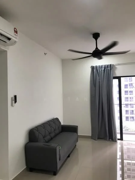 Living features: grey fabric 3-seater sofa, 5-blade ceiling fan with light, wall-mounted split AC, white painted walls, glossy tile flooring, floor-to-ceiling sliding glass door, grey curtains, natural light from window; style: modern; view: city.
