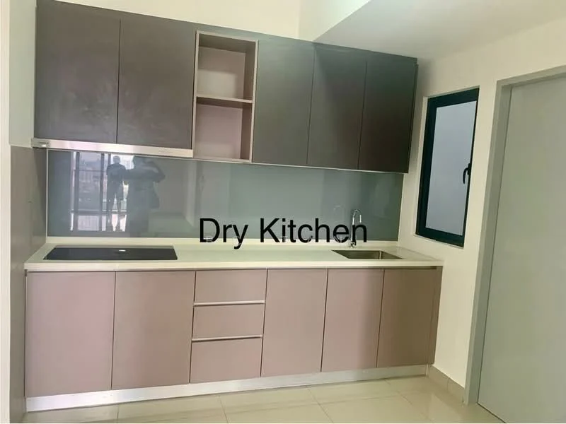 Kitchen features: laminate cabinetry in two-tone finish, white countertop, single-bowl stainless-steel sink, chrome pull-down faucet, glass backsplash, built-in upper cabinets, lower cabinets with drawers, tile flooring, window with black frame, open shelving, recessed lighting; style: modern.
