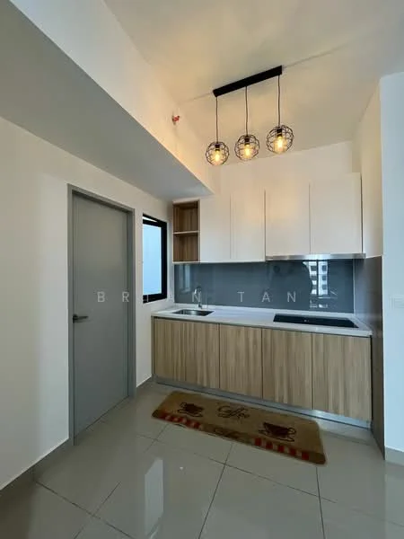 Kitchen features: white upper cabinets, wood lower cabinets, grey backsplash, stainless-steel sink, chrome pull-down faucet, countertop with integrated cooktop, 3 pendant lights, grey tiled flooring, window with city view, kitchen rug; style: modern; view: city.