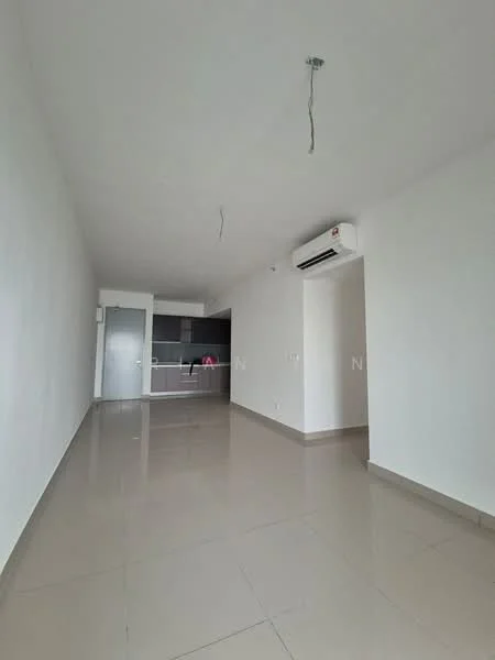 Living features: white painted walls, glossy ceramic tile flooring, ceiling with exposed wiring, wall-mounted split AC, open layout to kitchen, large windows for natural light; style: modern. Kitchen features: kitchen cabinetry, countertop, open layout to living area; style: modern.