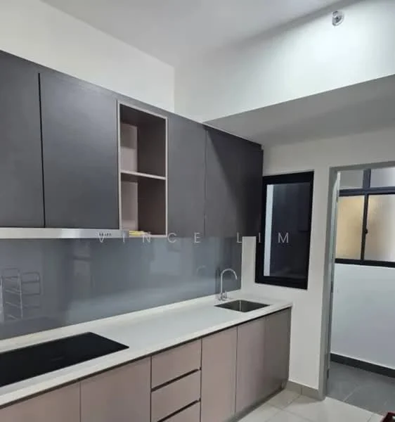 Kitchen features: grey cabinetry, white countertop, single-bowl stainless-steel sink, chrome pull-down faucet, built-in oven, induction cooktop, glass backsplash, open shelving, tile flooring, recessed downlights, window with black frame; style: modern.