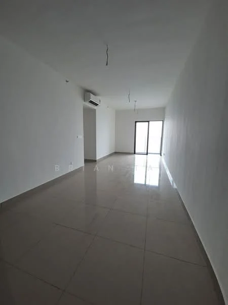 Room features: white painted walls, glossy ceramic tile flooring, 1 wall-mounted split AC, floor-to-ceiling sliding glass door, natural light from sliding door, no visible furniture or decor, plain ceiling with exposed wiring, neutral color scheme; style: minimalist.