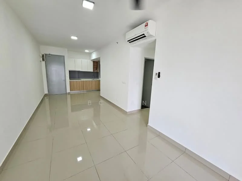 Living features: glossy tile flooring, white painted walls, recessed LED downlights, wall-mounted split AC, open layout to kitchen, doorway to hallway, kitchen cabinetry visible, neutral color scheme; style: modern.
