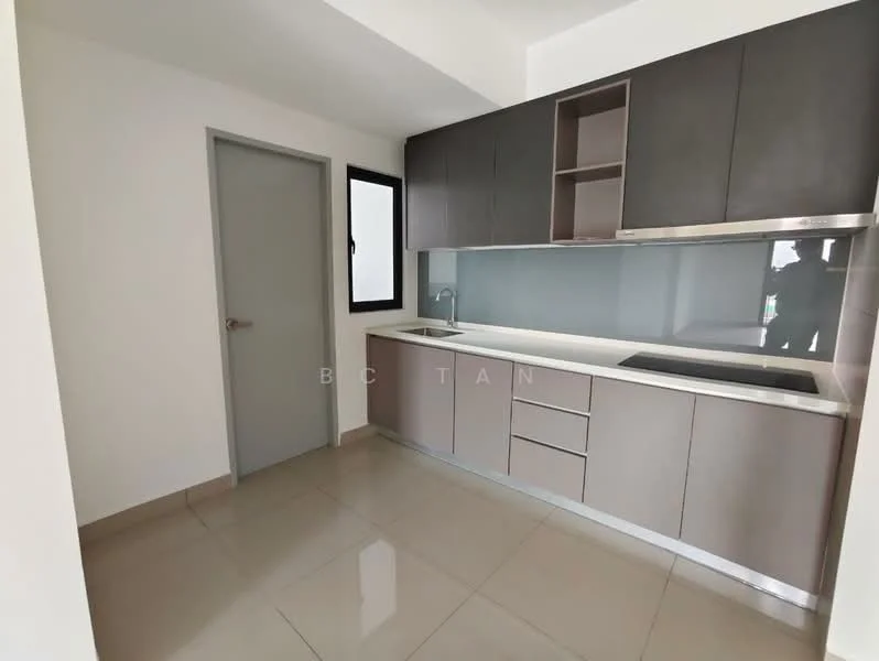 Kitchen features: grey flat-panel cabinets, white countertop, stainless-steel sink, chrome pull-down faucet, built-in oven, ceramic tile flooring, wall-mounted cabinet, glass backsplash, single window, recessed downlights; style: modern.