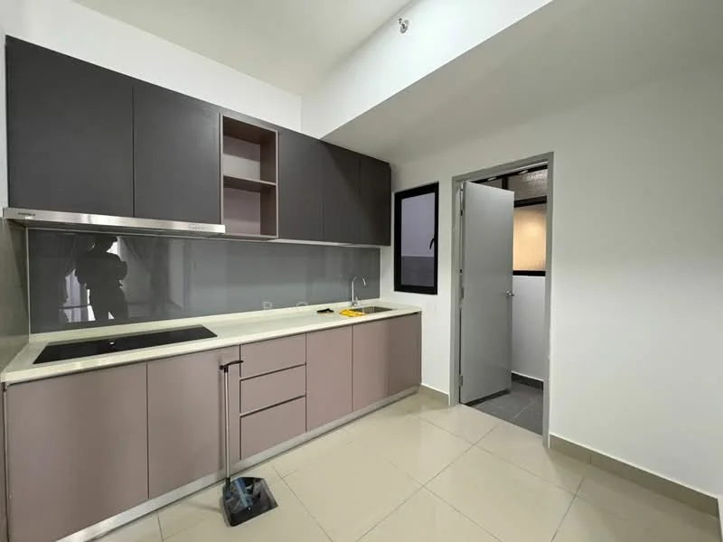 Kitchen features: dark cabinetry, light grey lower cabinets, white countertop, built-in stove, stainless-steel sink, chrome faucet, glass backsplash, tile flooring, wall-mounted cabinets, open shelving, window with black frame, doorway to adjacent room; style: modern.