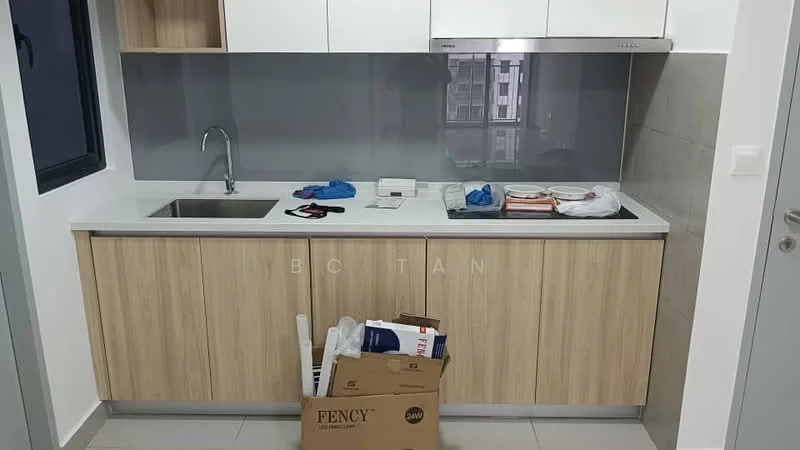 Kitchen features: single-bowl stainless-steel sink, chrome pull-down faucet, white quartz countertop, wood cabinetry with light wood finish, built-in stove with stainless-steel range hood, grey tiled backsplash, ceramic tile flooring, kitchen utensils and plates visible, cardboard box on floor; style: modern.