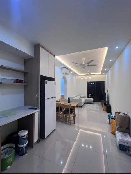 Kitchen features: white cabinetry, stainless-steel fridge, countertop with green surface, open shelving, tile backsplash; style: modern. Living features: sofa, dining table with chairs, ceiling fan with light, recessed LED lighting, polished tile flooring, wall-mounted TV, decorative wall paneling; style: modern.