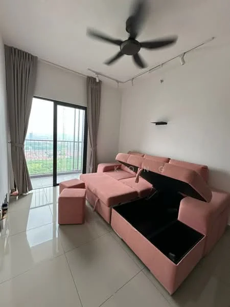 Living features: L-shape sectional sofa in pink, ottoman with storage, floor-to-ceiling windows, sliding glass door, curtains in light grey, ceiling fan, white painted walls, glossy tile flooring, wall-mounted shelf; style: modern; view: city.