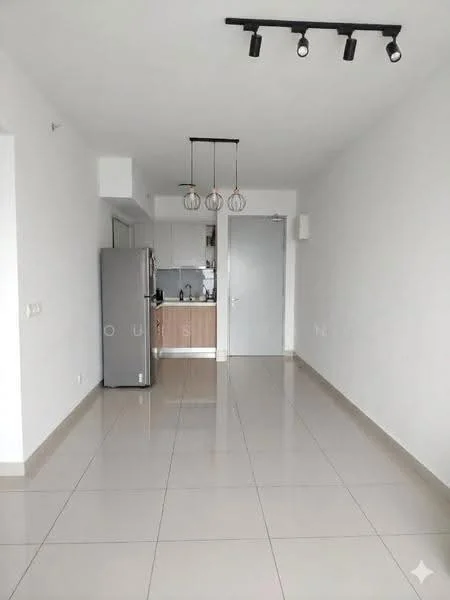 Living features: white painted walls, glossy ceramic tile flooring, recessed LED downlights, track lighting with three pendant lights, open layout, kitchen area visible, stainless-steel fridge, kitchen cabinetry in light wood finish, neutral color scheme, door leading to other rooms; style: modern.