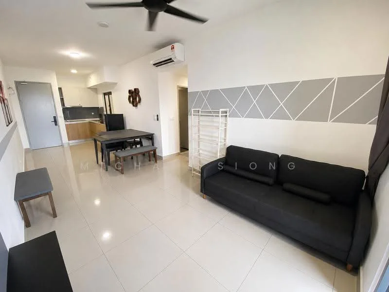 Living features: black fabric sofa, dining table with 4 chairs, wall-mounted air conditioning unit, ceiling fan, tile flooring, grey accent wall with geometric pattern, white painted walls, open layout, light fixtures, sliding door to hallway; style: modern.
