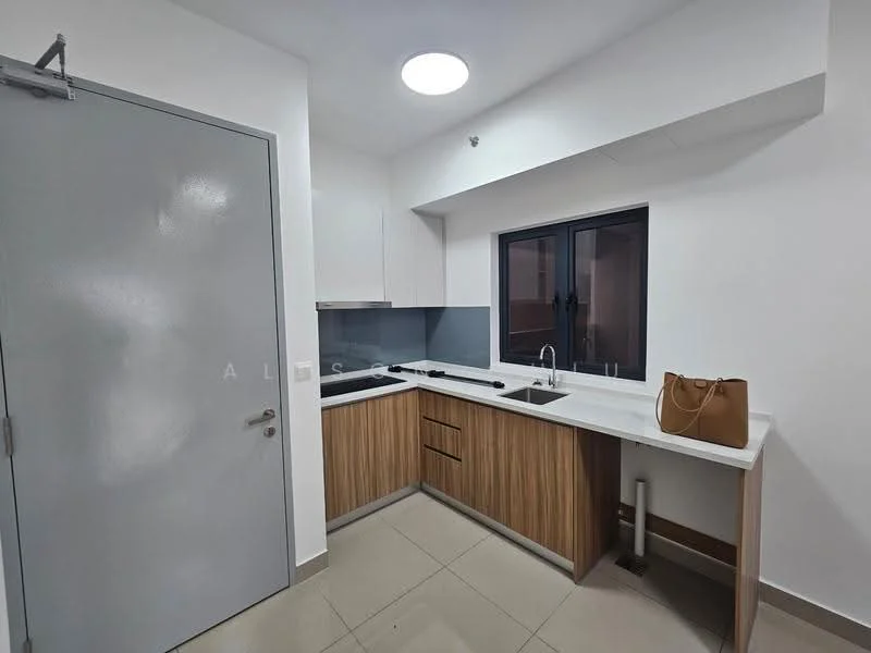 Kitchen features: white cabinets, wood cabinetry, white countertop, single-bowl stainless-steel sink, chrome pull-down faucet, grey backsplash, built-in oven, stove with 4 burners, window above sink, tile flooring, recessed ceiling light; style: modern.