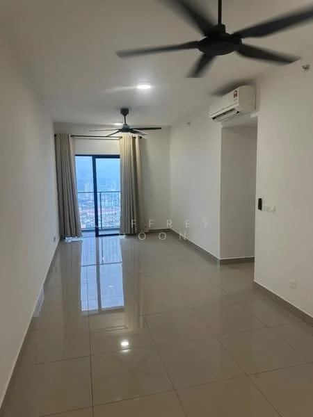 Living features: white painted walls, glossy ceramic tile flooring, 2 ceiling fans, 1 wall-mounted split AC, floor-to-ceiling windows, curtains, city view, recessed downlights; style: modern; view: city.