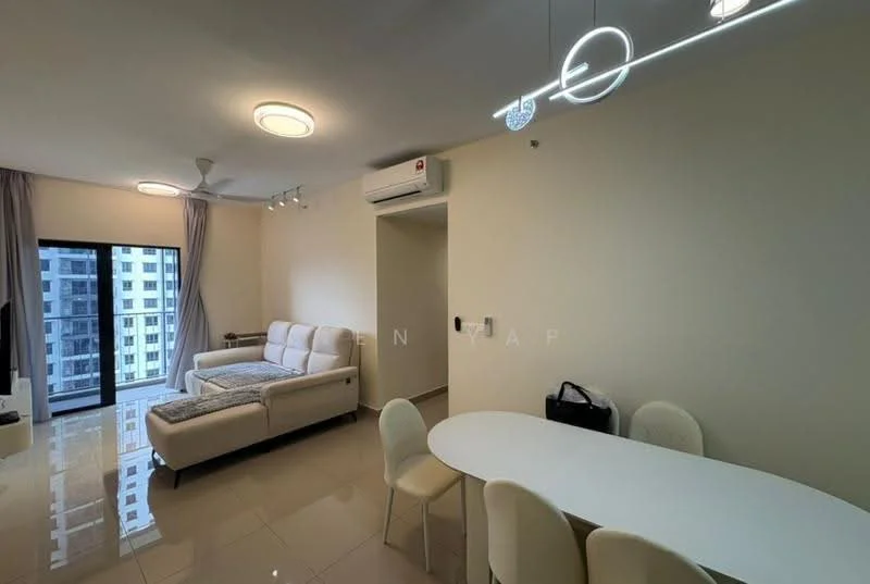 Living features: 3-seater fabric sofa in light grey, white round dining table, 4 white dining chairs, wall-mounted air conditioning unit, recessed ceiling lights, pendant light fixture, floor-to-ceiling windows, light beige painted walls, glossy ceramic tile flooring; style: modern; view: city.