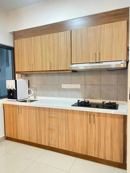 Kitchen features: laminate cabinetry in light wood finish, white countertop, built-in gas hob with two burners, stainless-steel range hood, grey tile backsplash, white walls, ceramic tile flooring, recessed downlights, kitchen appliances including coffee machine; style: modern.