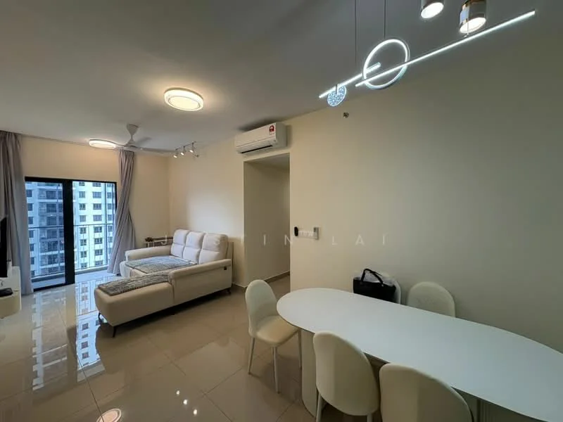 Living features: 3-seater fabric sofa in white, coffee table, floor-to-ceiling windows, curtains, recessed LED downlights, ceiling fan, air conditioning unit, glossy tile flooring, dining table with 4 chairs, wall-mounted light fixture; style: modern; view: city.
