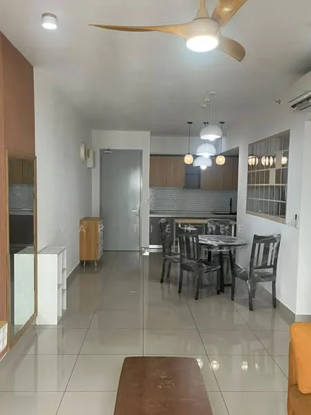Living features: grey tiled flooring, white painted walls, 5-blade ceiling fan with light, recessed downlights, dining table with four chairs, wooden coffee table, mirror on wall, kitchen area with cabinetry, stainless-steel sink, built-in oven, glass-front upper cabinets, countertop with backsplash; style: modern.