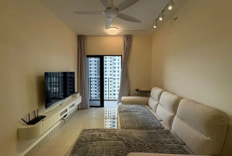 Living features: 3-seater fabric sofa in beige, flat-screen TV on wall-mounted console, white TV console, light grey area rug, floor-to-ceiling windows, sliding glass door, sheer curtains, recessed downlights, ceiling fan with light, cream painted walls, glossy tile flooring; style: modern; view: city.