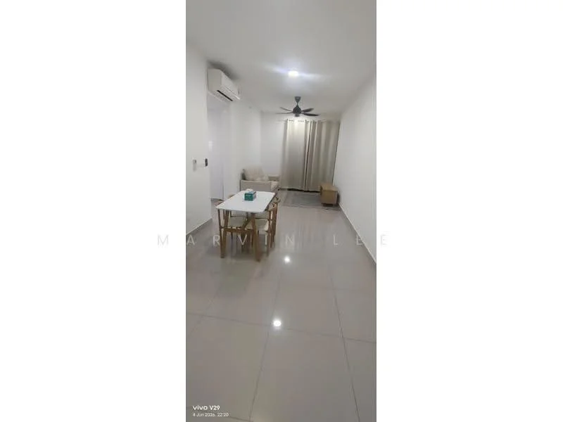 Living features: white painted walls, glossy tile flooring, 5-blade ceiling fan with light, wall-mounted split AC, dining table with four chairs, beige armchair, curtains, neutral decor; style: modern.