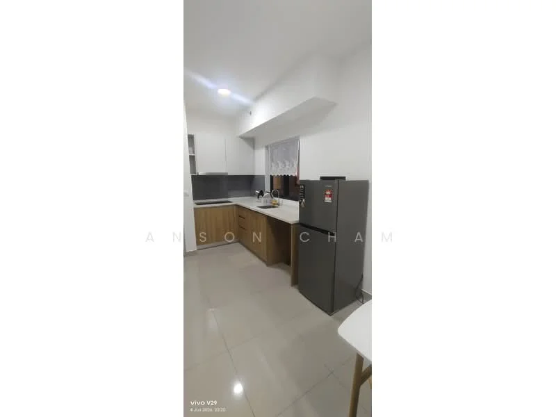 Kitchen features: white painted walls, grey tiled backsplash, laminate cabinetry in wood finish, white countertop, stainless-steel fridge, built-in oven, single-bowl stainless-steel sink, chrome pull-down faucet, ceramic tile flooring, recessed downlights; style: modern.