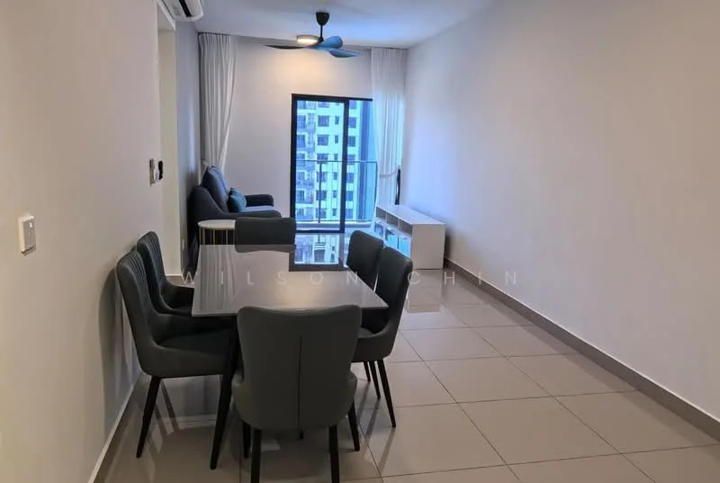 Living features: grey fabric sofa, 4-seater dining table, black dining chairs, floor-to-ceiling windows, white walls, light grey tiled flooring, ceiling fan, curtains, open layout; style: modern; view: city.