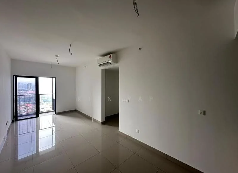 Room features: white painted walls, polished ceramic tile flooring, floor-to-ceiling windows, sliding glass door, 1 wall-mounted split AC, exposed electrical wiring, neutral colour scheme; style: modern; view: city.