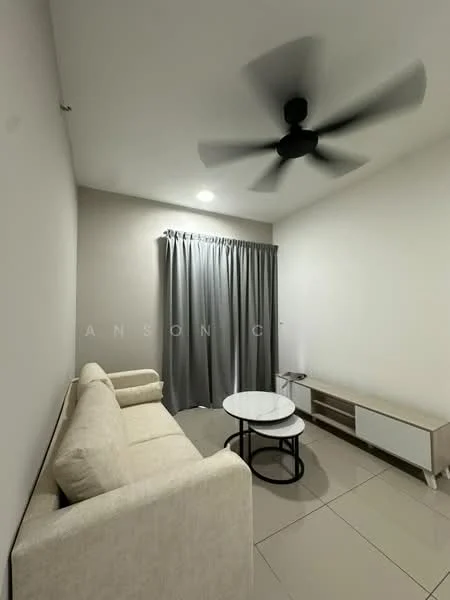 Living features: 3-seater fabric sofa in beige, round coffee table with black base, TV console with white finish, floor-to-ceiling grey curtains, ceiling fan with 5 blades, recessed downlights, cream painted walls, tile flooring in light color; style: modern.