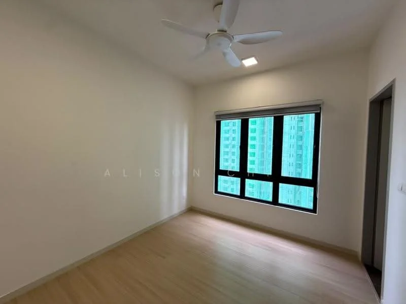 Room features: light wood laminate flooring, white painted walls, 5-blade ceiling fan with light, floor-to-ceiling windows, black window frames, roller blinds; style: modern; view: city.