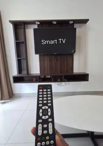 Living features: wall-mounted Smart TV, wooden TV console, light-colored wall paneling, recessed lighting, white tiled flooring, round coffee table, remote control, curtains, shelving unit; style: modern.