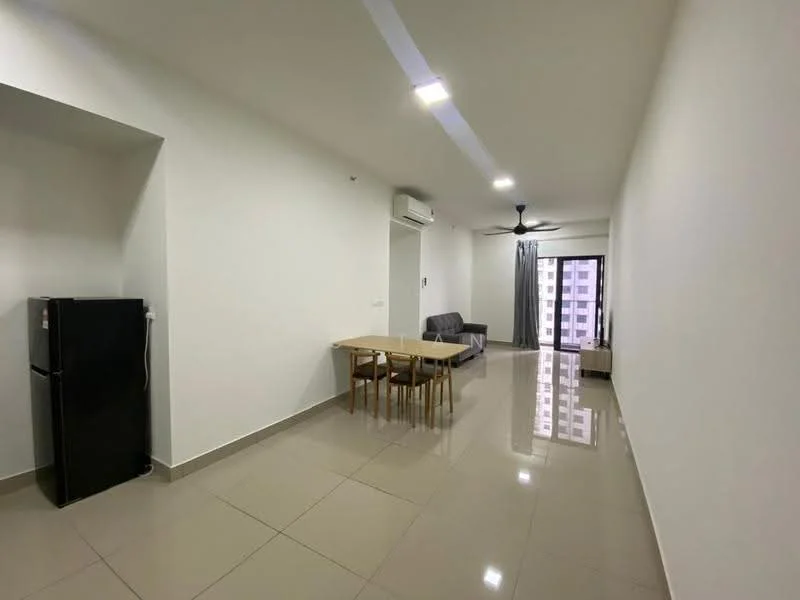 Living features: white painted walls, glossy ceramic tile flooring, 5-blade ceiling fan with light, wall-mounted split AC, sofa in grey, dining table with 4 chairs, black fridge, floor-to-ceiling windows with sheer curtains, natural light from windows; style: modern.