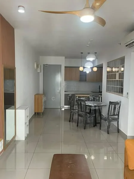 Living features: white painted walls, glossy tile flooring, 5-blade ceiling fan with light, dining table with 4 chairs, wooden sideboard, mirror on wall, kitchenette with backsplash, recessed downlights, air conditioning unit; style: modern.