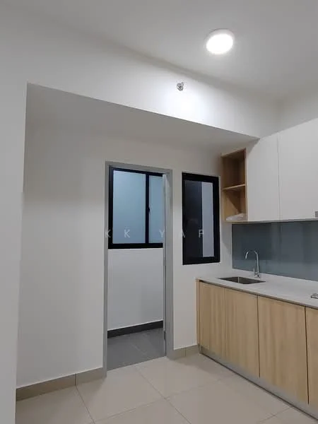 Kitchen features: white painted walls, light grey tiled flooring, wood cabinetry with light wood finish, stainless-steel sink, chrome faucet, glass backsplash, open shelving, window with black frame, recessed ceiling light; style: modern.
