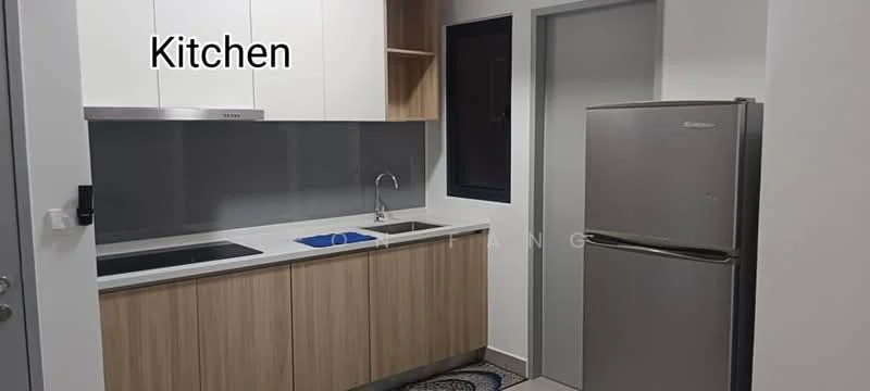 Kitchen features: white upper cabinets, wood lower cabinets, grey countertop, single-bowl stainless-steel sink, chrome pull-down faucet, built-in stove with hood, stainless-steel fridge, wall-mounted window, tile flooring, blue dish drying mat; style: modern.
