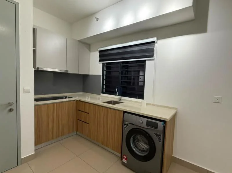 Laundry features: single-bowl stainless-steel sink, chrome pull-down faucet, light grey cabinetry, wooden lower cabinets, white countertop, washing machine, grey tiled flooring, window with black roller blinds; style: modern.