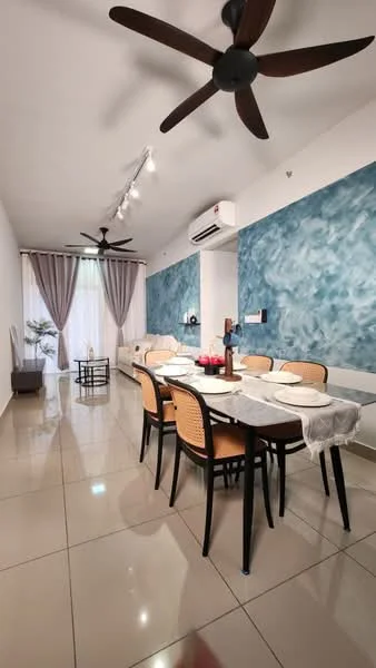 Dining features: 8-seater dining table with white tablecloth, black dining chairs, pendant lighting, 2 ceiling fans, white walls, blue accent wall with textured finish, large window with sheer curtains, tile flooring, decorative plant in corner, wall-mounted decor; style: modern. Living features: sofa, coffee table, TV console, area rug; style: modern.
