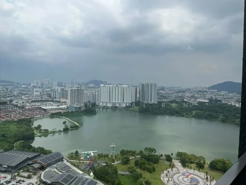 Exterior type: high-rise condominium; features: city skyline view, lake view, surrounded by greenery, nearby recreational park, urban landscape, cloudy sky; style: modern.