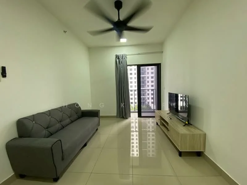 Living features: 3-seater fabric sofa in grey, wall-mounted TV, TV console in light wood, floor-to-ceiling windows, sliding glass door, curtains in grey, ceiling fan with light, glossy tile flooring, white painted walls, recessed lighting; style: modern; view: garden.