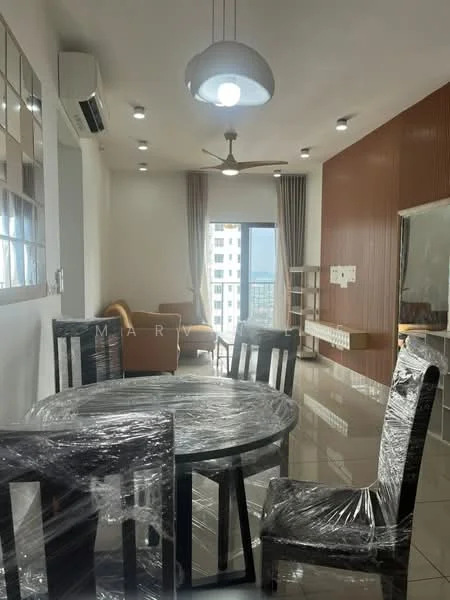 Dining features: round dining table, 4 dining chairs, ceiling fan with light, wall-mounted split AC, large window with city view, neutral wall colour, glossy tile flooring, decorative mirror, curtains, wooden cabinetry, sofa in background; style: modern; view: city.